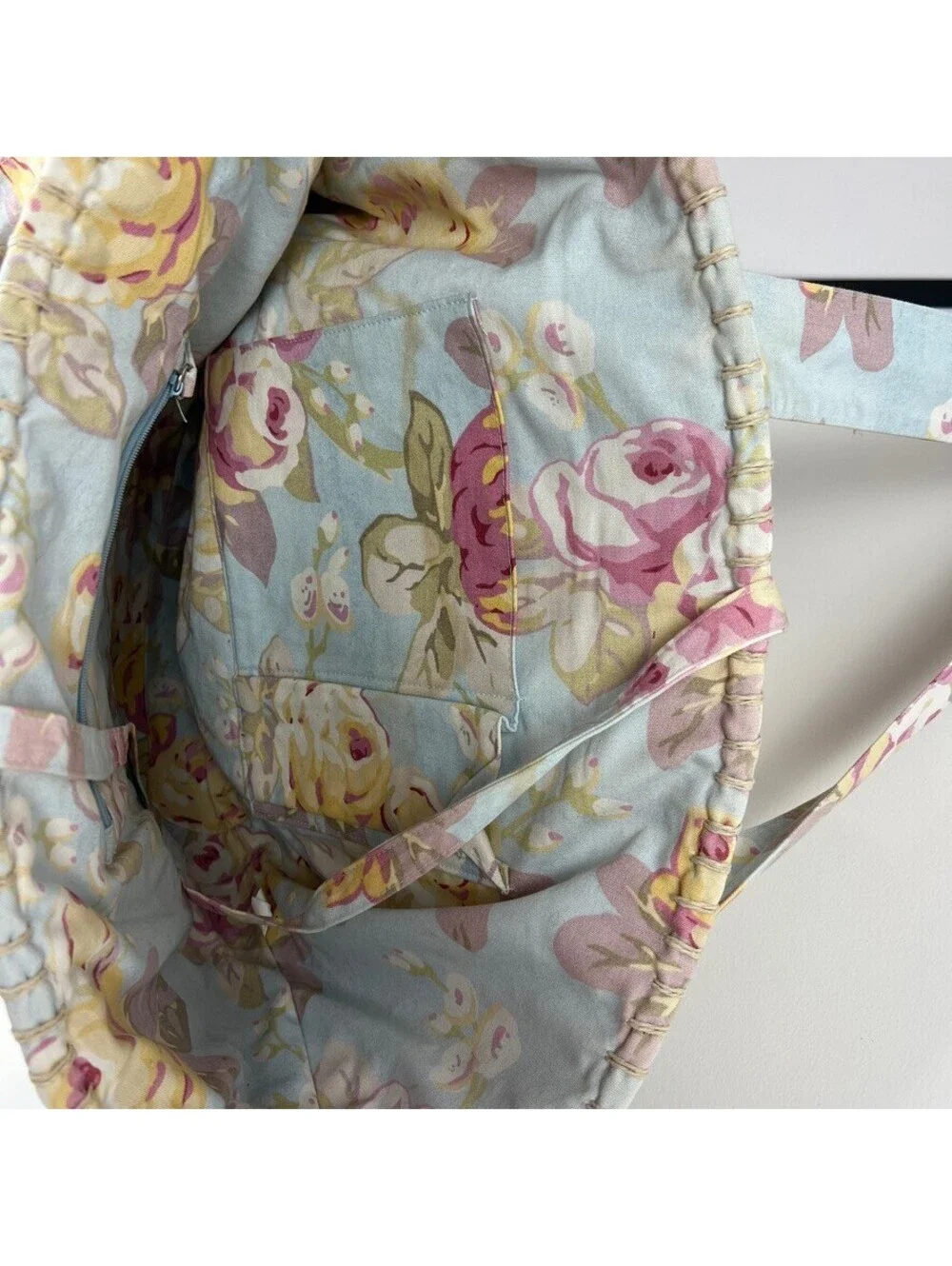 Laura Ashley Floral Lined Straw Tote Beach Bag Large Woven Shopper NWT